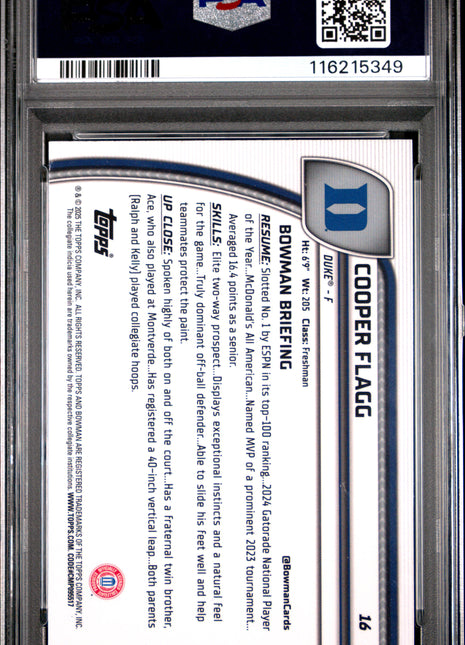 2024 Bowman Chrome University Cooper Flagg Black Wave #16 PSA 9