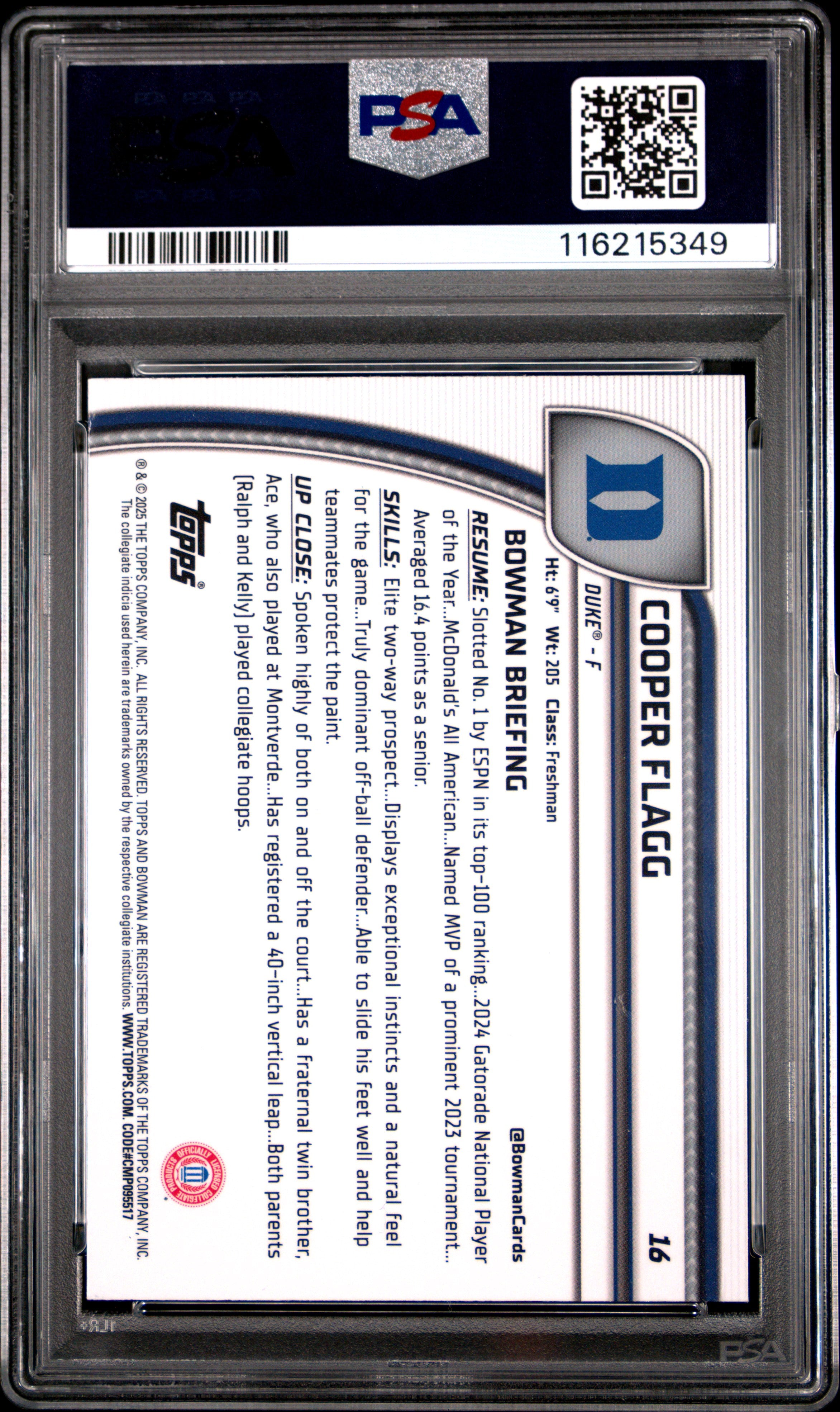 2024 Bowman Chrome University Cooper Flagg Black Wave #16 PSA 9