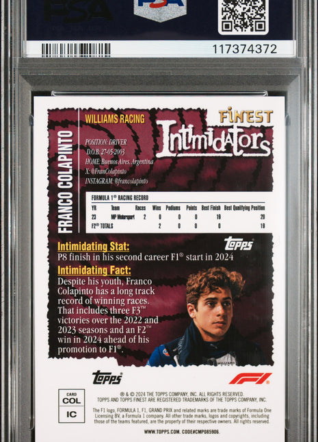 2024 Topps Finest Formula 1 Intimidators Franco Colapinto Gold Refractor #COL 44/50 PSA 9