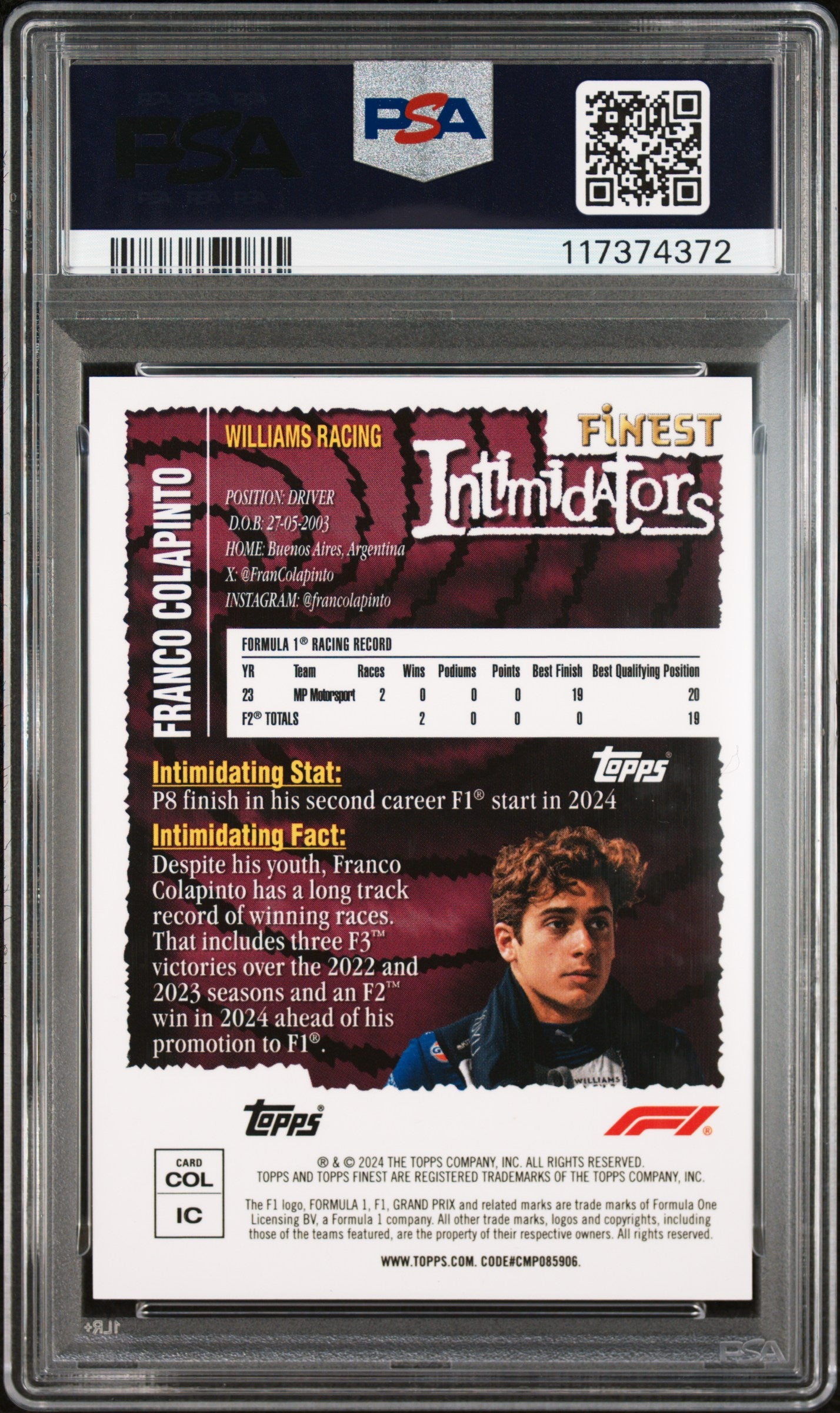 2024 Topps Finest Formula 1 Intimidators Franco Colapinto Gold Refractor #COL 44/50 PSA 9