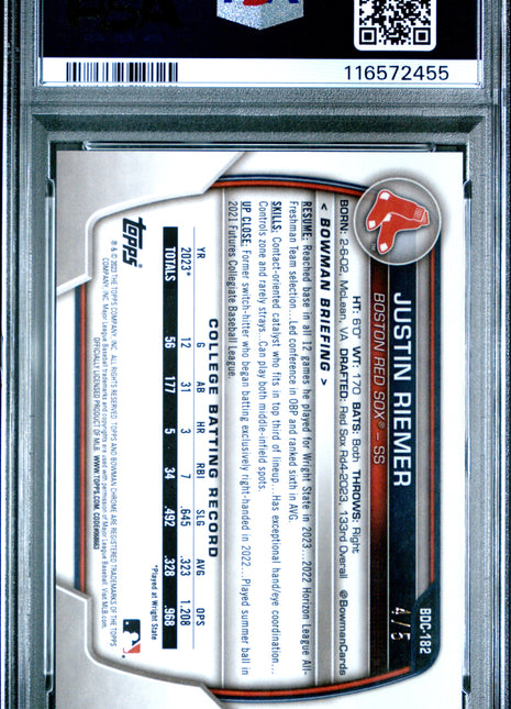 2023 Bowman Draft Sapphire Edition Justin Riemer Red #BDC182 PSA 9