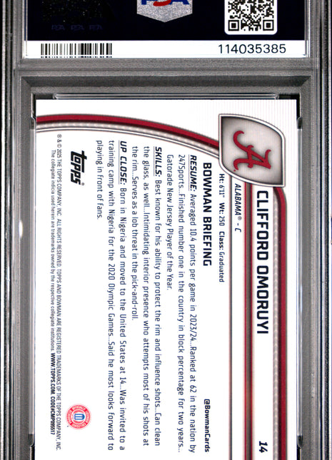 2024 Bowman Chrome University Clifford Omoruyi Green Refractor #14 PSA 10