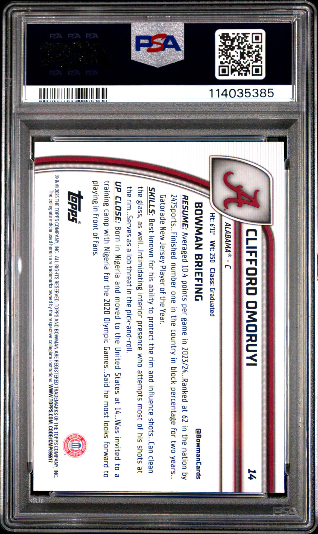 2024 Bowman Chrome University Clifford Omoruyi Green Refractor #14 PSA 10