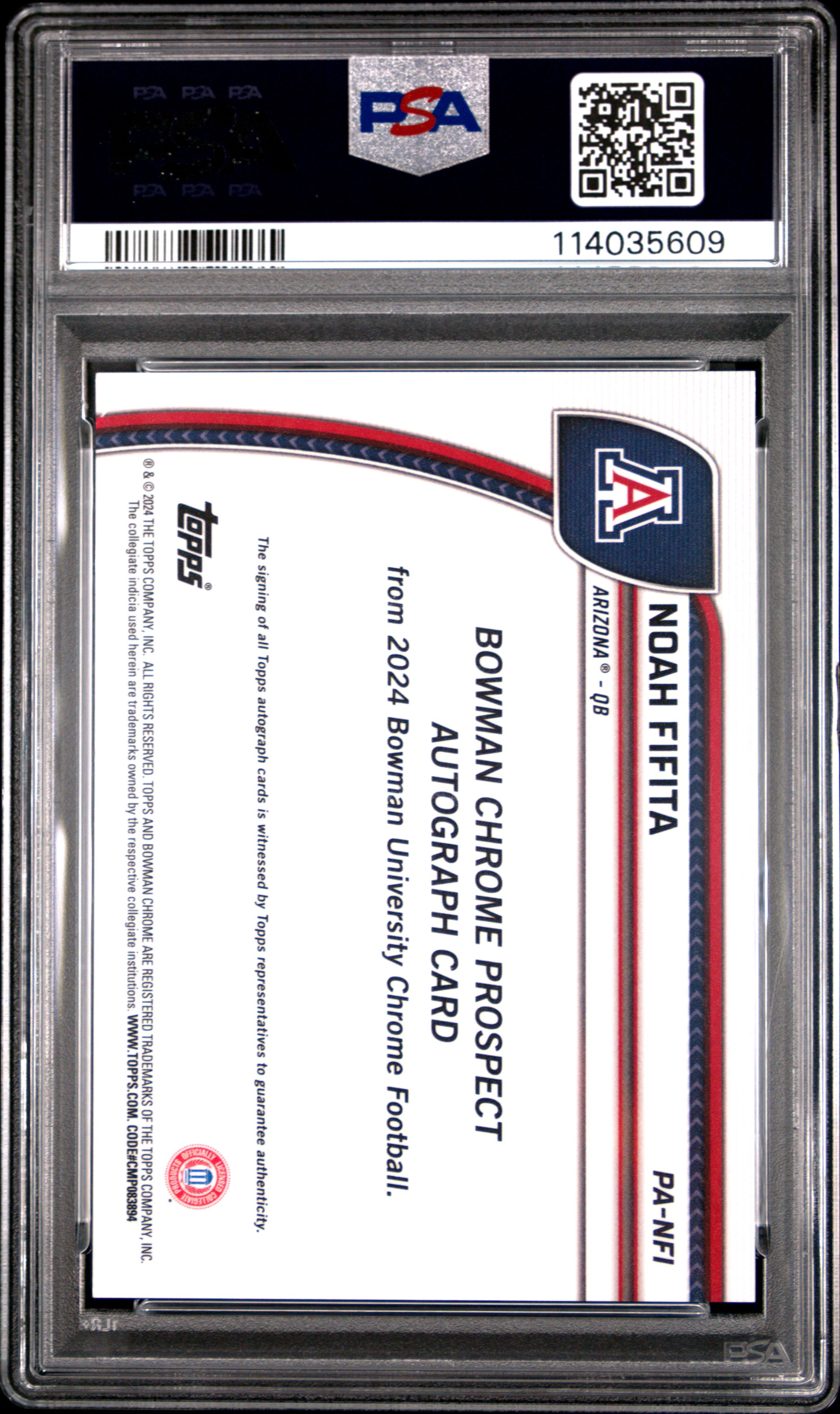 2024 Bowman University Chrome Bowman Chrome Prospect Autographs Noah Fifita Fuchsia Ref #PANFI PSA 8