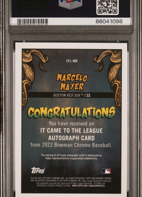 2022 Bowman Chrome It Came To The League Autographs Marcelo Mayer Au. #CFLMM 86/99 PSA 10