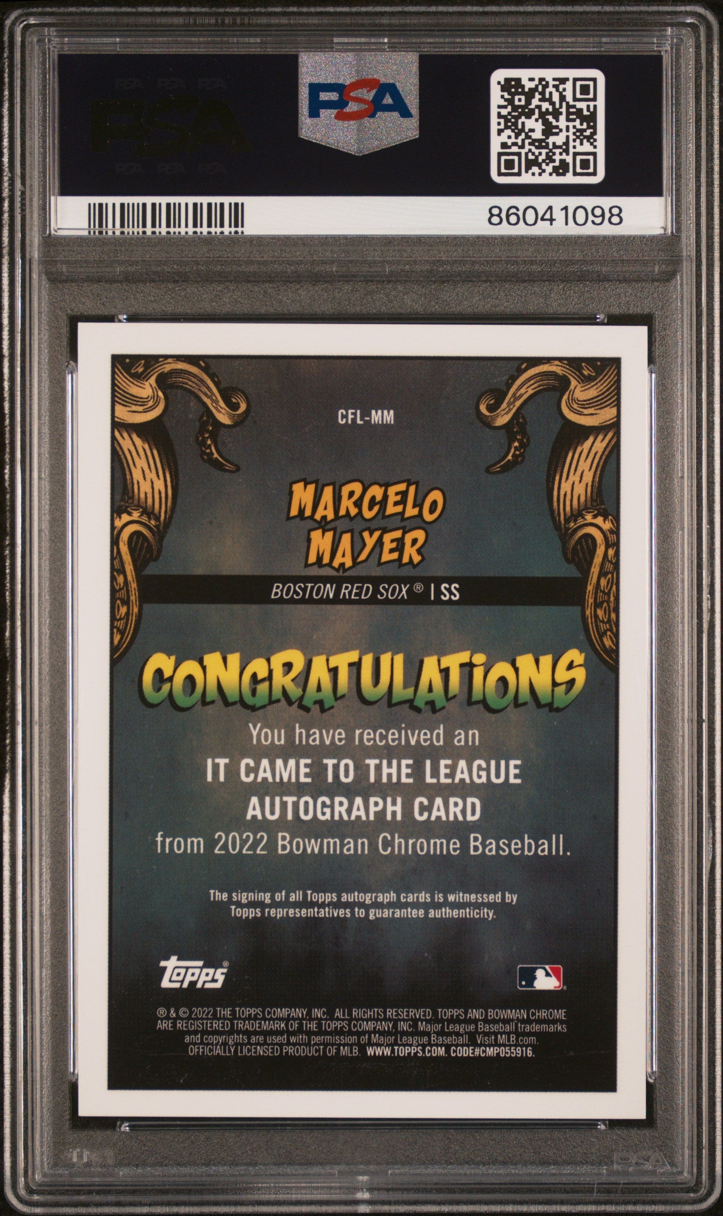2022 Bowman Chrome It Came To The League Autographs Marcelo Mayer Au. #CFLMM 86/99 PSA 10