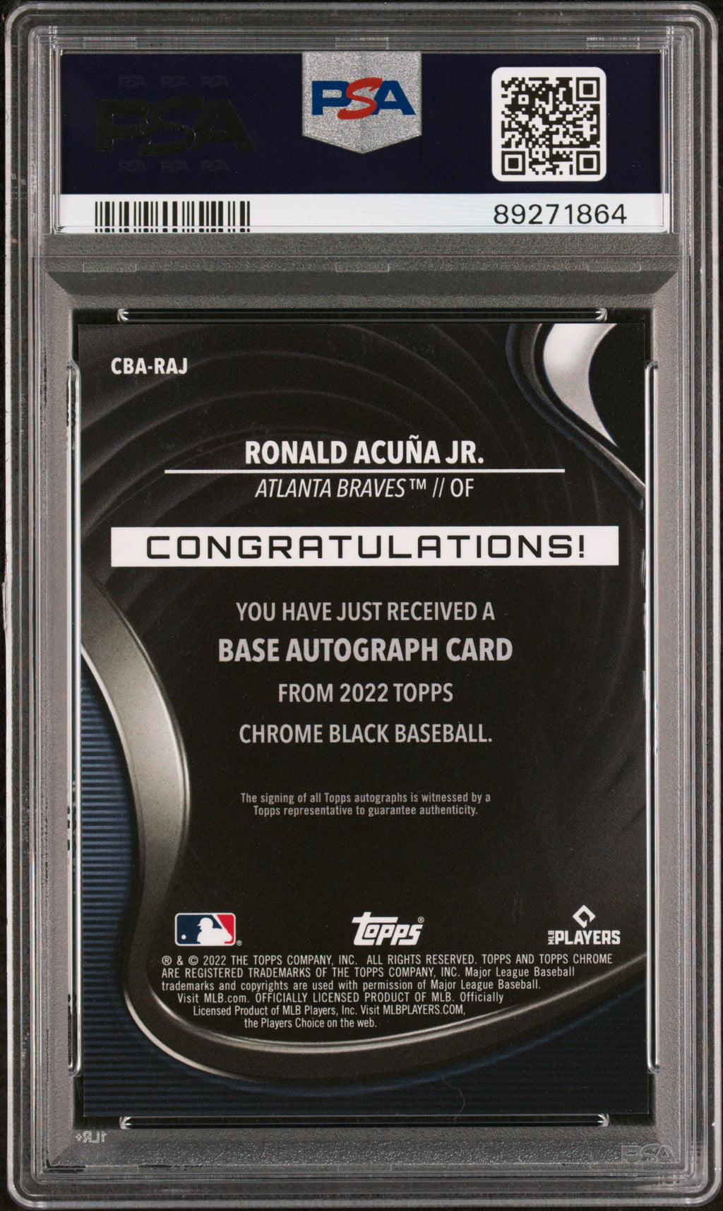 2022 Topps Chrome Black Autographs Ronald Acuna JR. Orange Refractor #RAJ 23/25 PSA 9