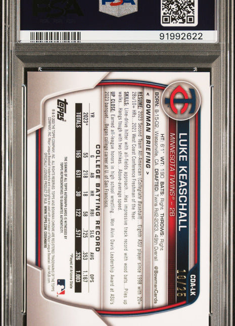2023 Bowman Draft Chrome Prospect Autograph Luke Keaschall Org Ref #CDALK PSA 9