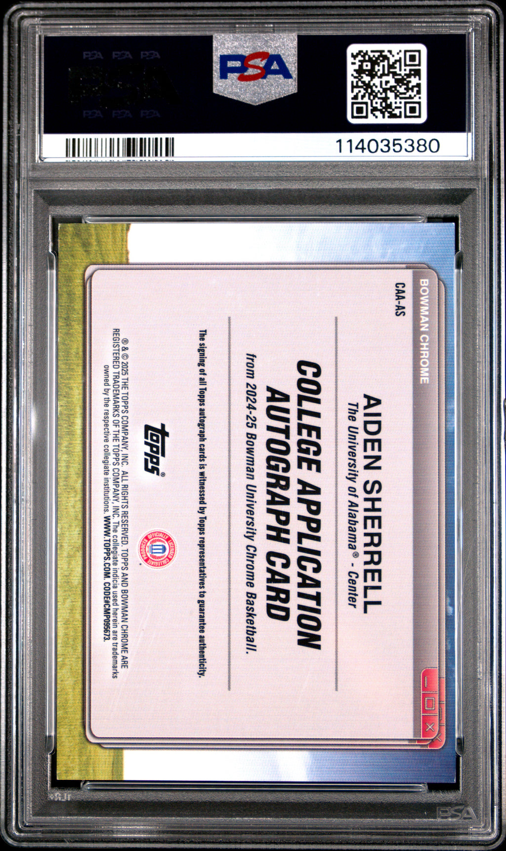 2024 Bowman Chrome University College Application Autographs Aiden Sherrell #CAAAS PSA 9