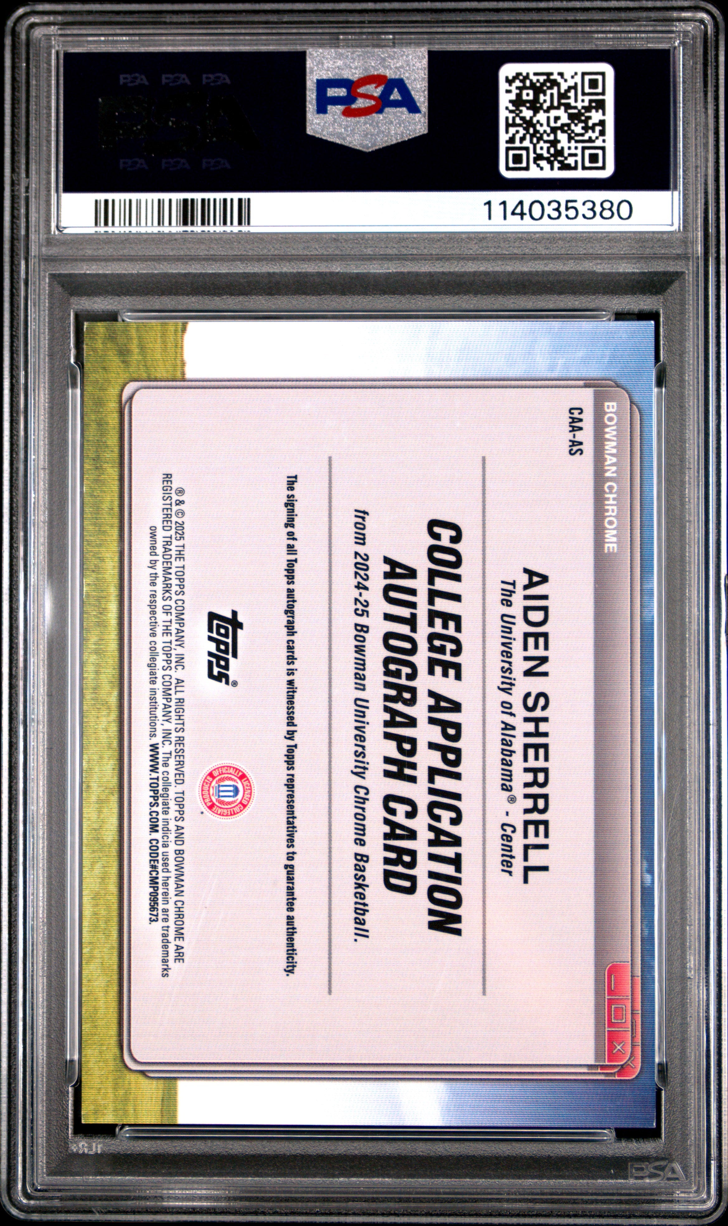2024 Bowman Chrome University College Application Autographs Aiden Sherrell #CAAAS PSA 9