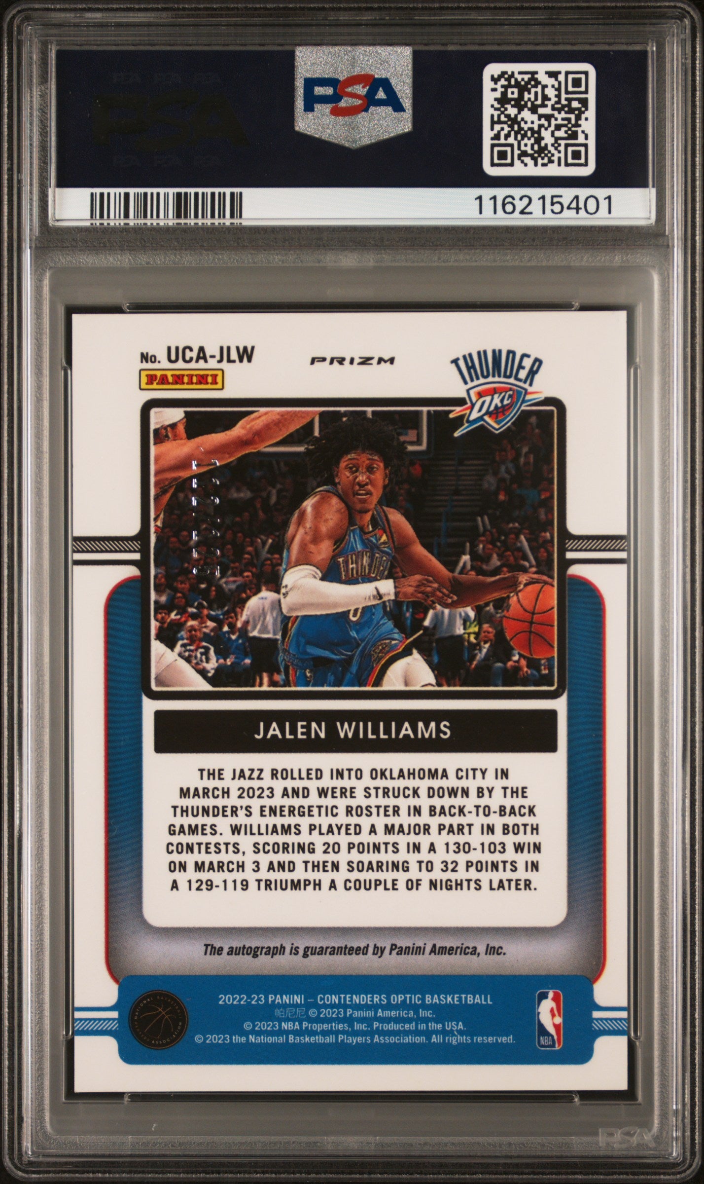 2022 Panini Contenders Optic Up And Coming Autographs Jalen Williams #UCAJLW PSA 9