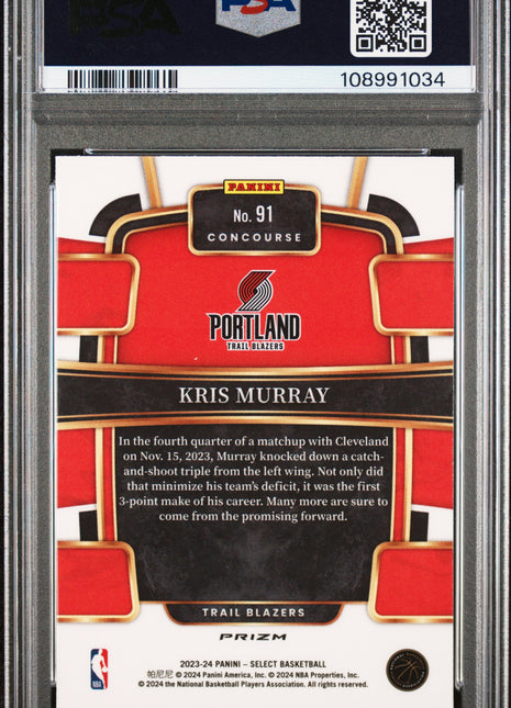 2023 Panini Select Kris Murray Tiger Prizm #91 PSA 9
