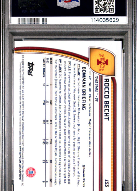 2024 Bowman University Chrome Rocco Becht Aqua Mini Diamond #155 PSA 9