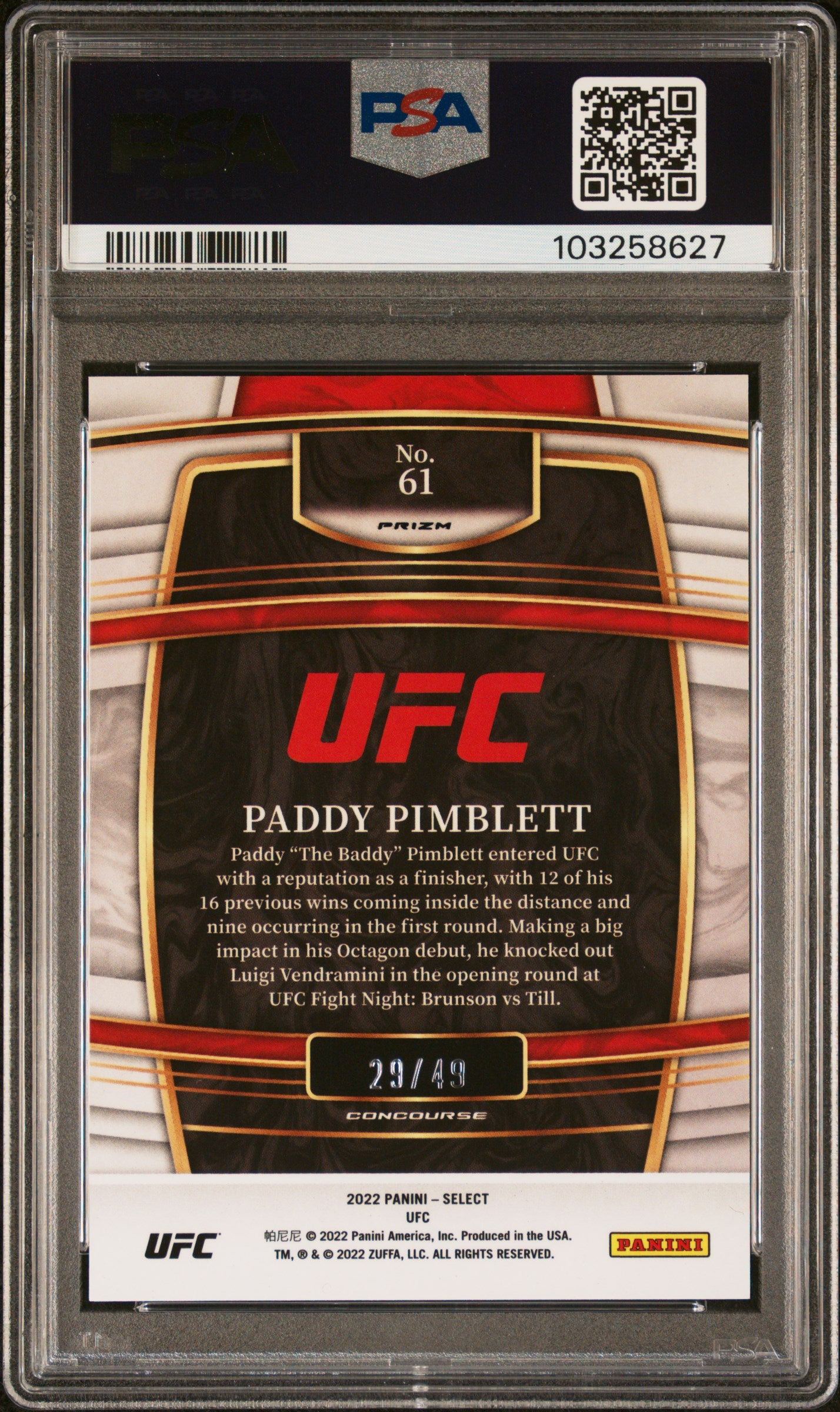 2022 Panini Select UFC Paddy Pimblett Blue Disco Prizm #61 PSA 8