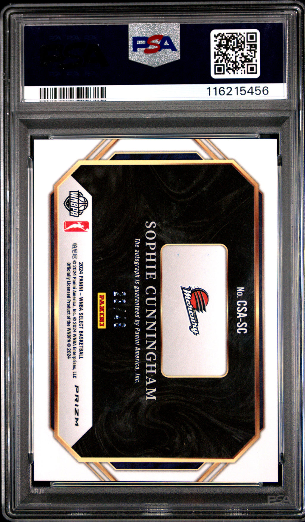 2024 Panini Select WNBA Courtside Action Signatures Sophie Cunningham Blue PR #CSASC PSA 9
