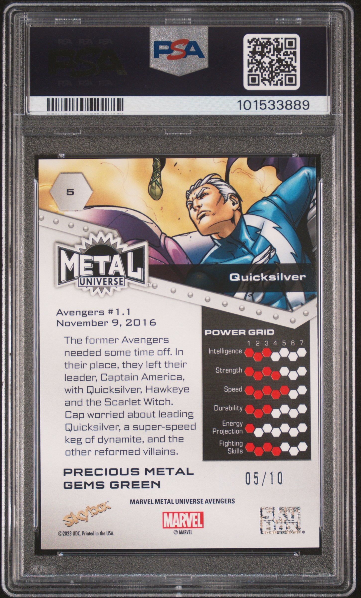 2024 Skybox Metal Universe Avengers Quicksilver #5 PSA 8