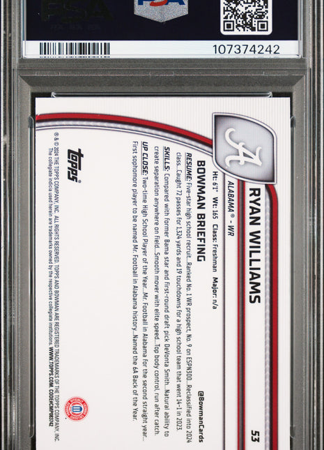 2024 Bowman University Chrome Ryan Williams #53 PSA 10