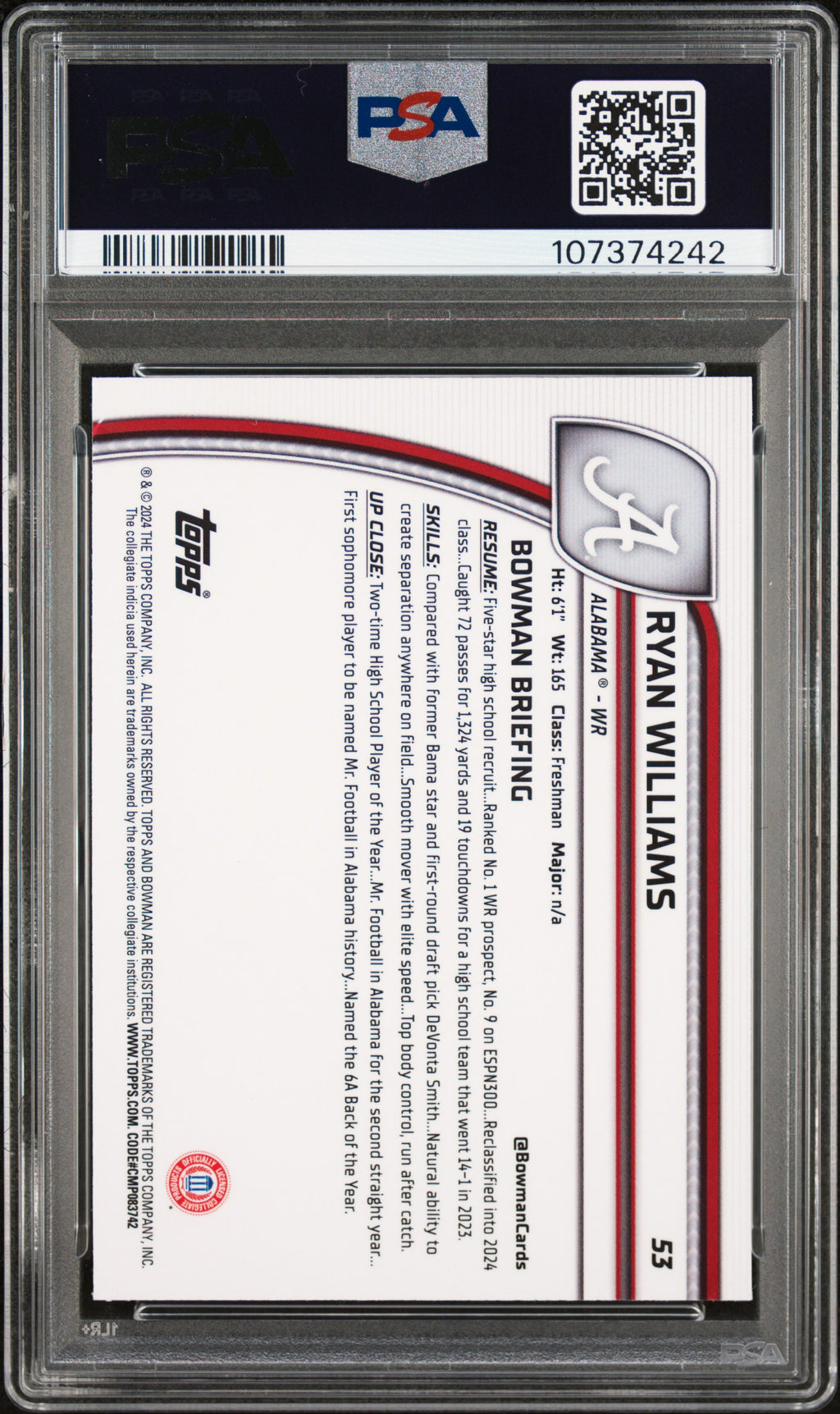 2024 Bowman University Chrome Ryan Williams #53 PSA 10
