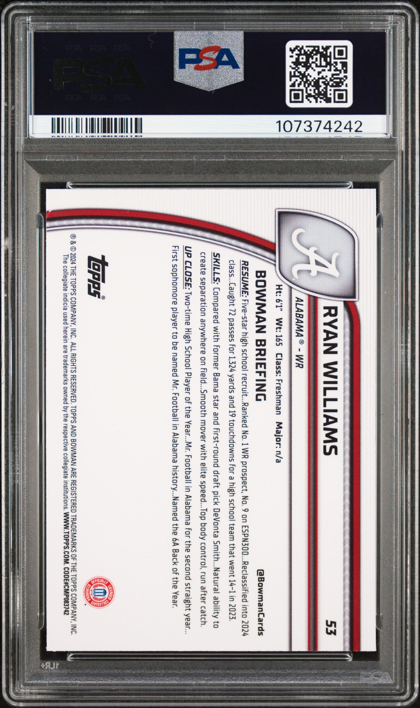 2024 Bowman University Chrome Ryan Williams #53 PSA 10