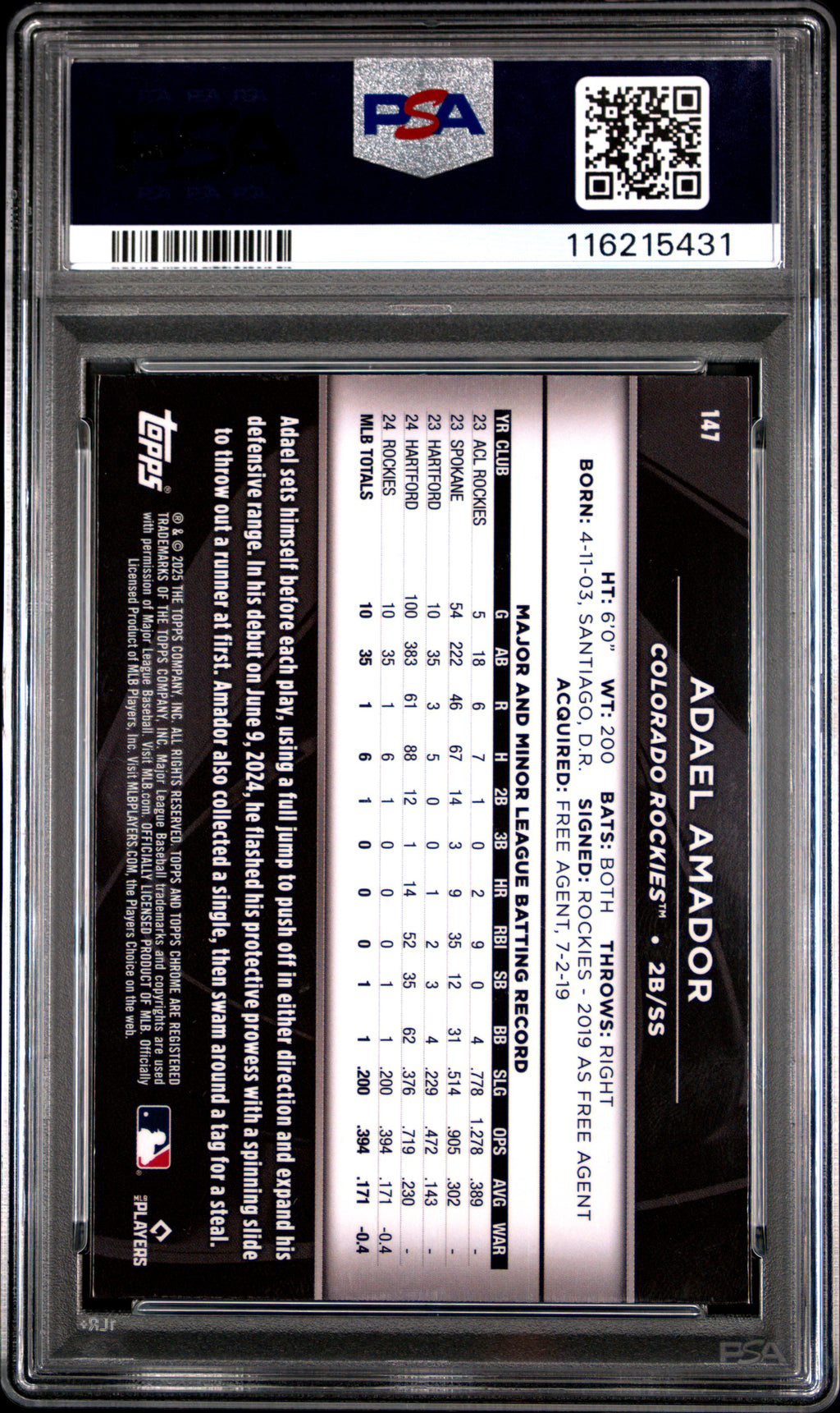 2025 Topps Chrome Black Adael Amador #147 PSA 10