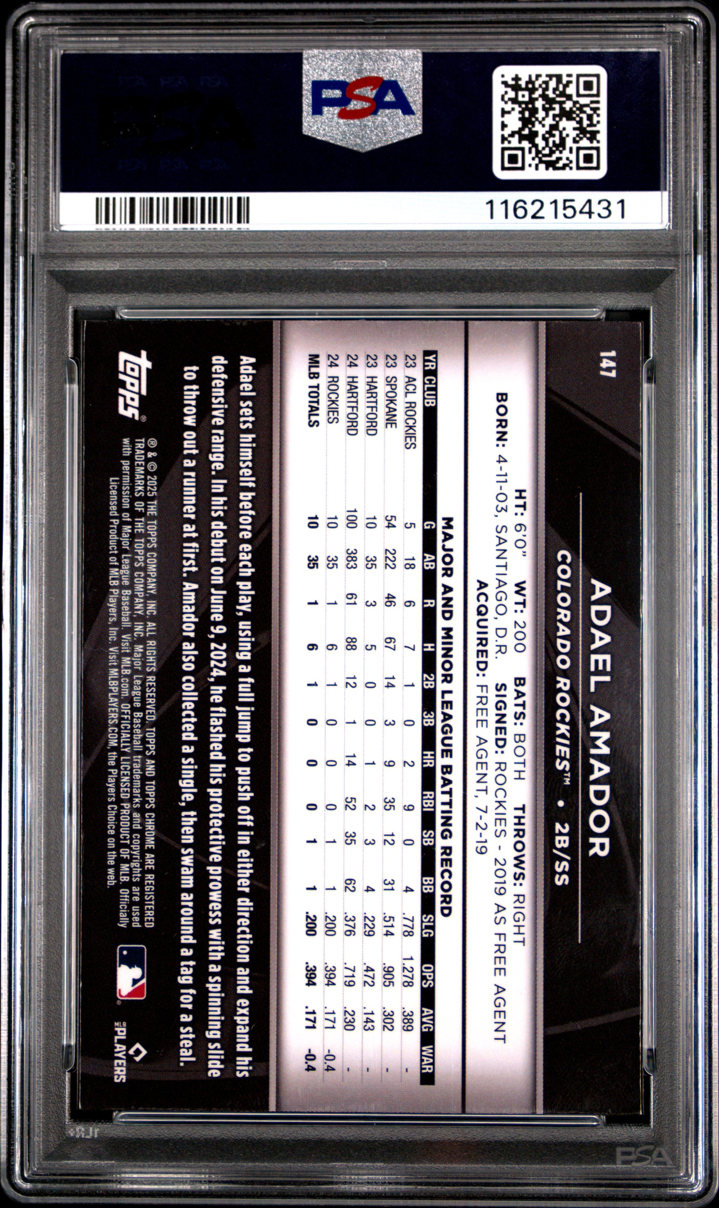 2025 Topps Chrome Black Adael Amador #147 PSA 10