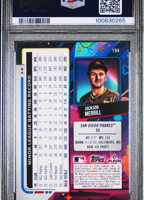 2024 Topps Chrome Cosmic Jackson Merrill Rookie PSA 9 2024 Topps Chrome Cosmic Jackson Merrill #194 PSA 9