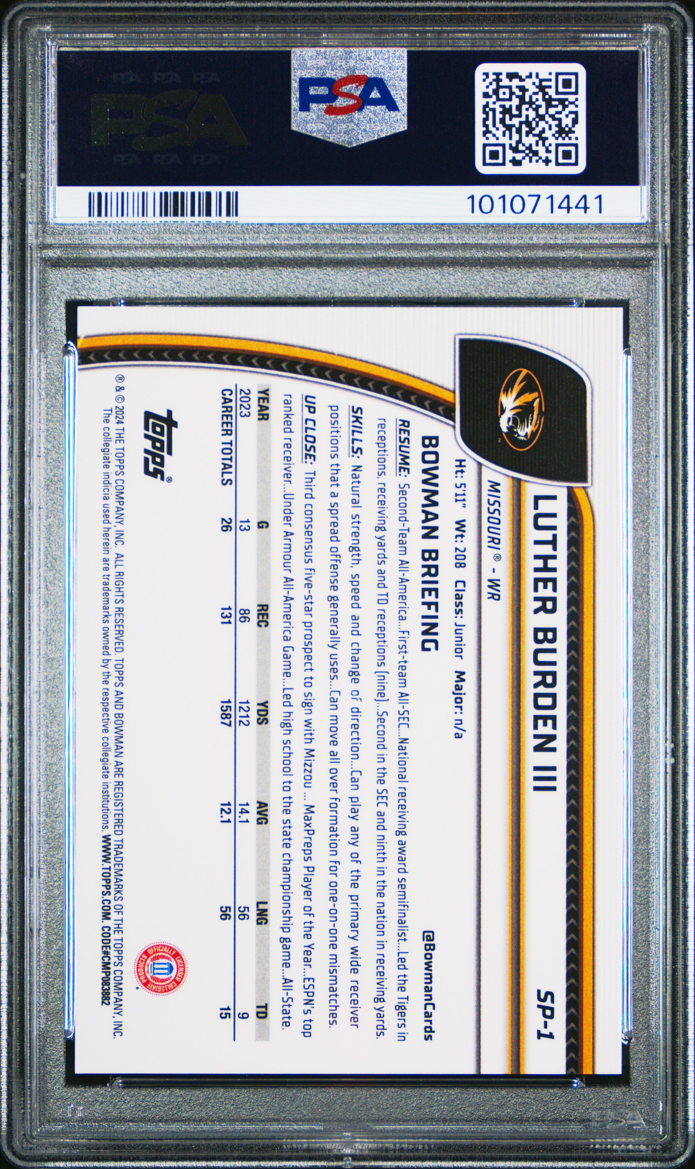 2024 Bowman University Chrome SP Image Variations Luther Burden III #SP1 PSA 10
