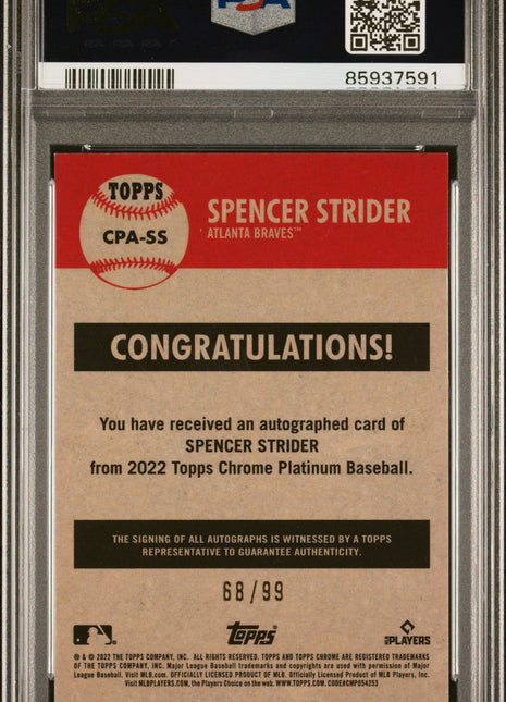 2022 Topps Chrome Platinum Anniversary Autograph Spencer Strider PLT Toile CRM BL Ref #SS PSA 10