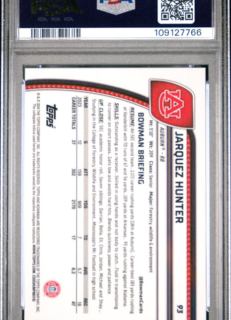 2024 Bowman University Chrome Sapphire Jarquez Hunter Black Refractor #93 PSA 9
