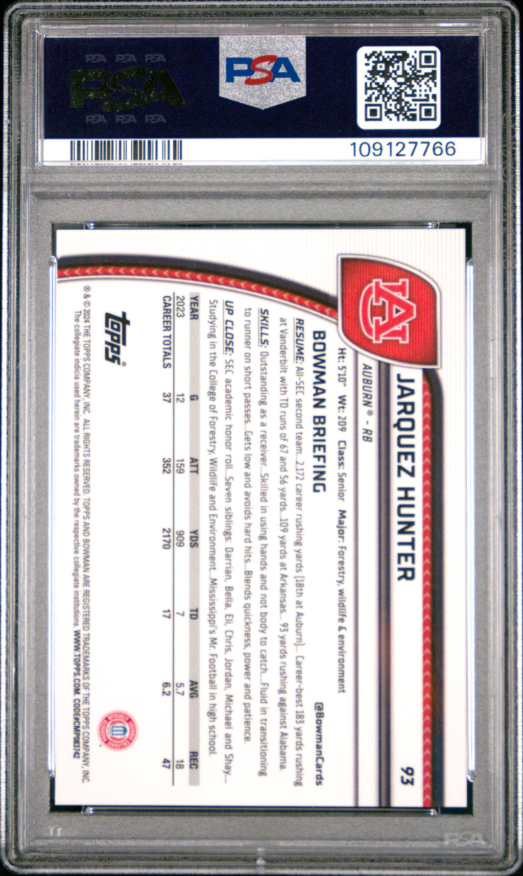 2024 Bowman University Chrome Sapphire Jarquez Hunter Black Refractor #93 PSA 9