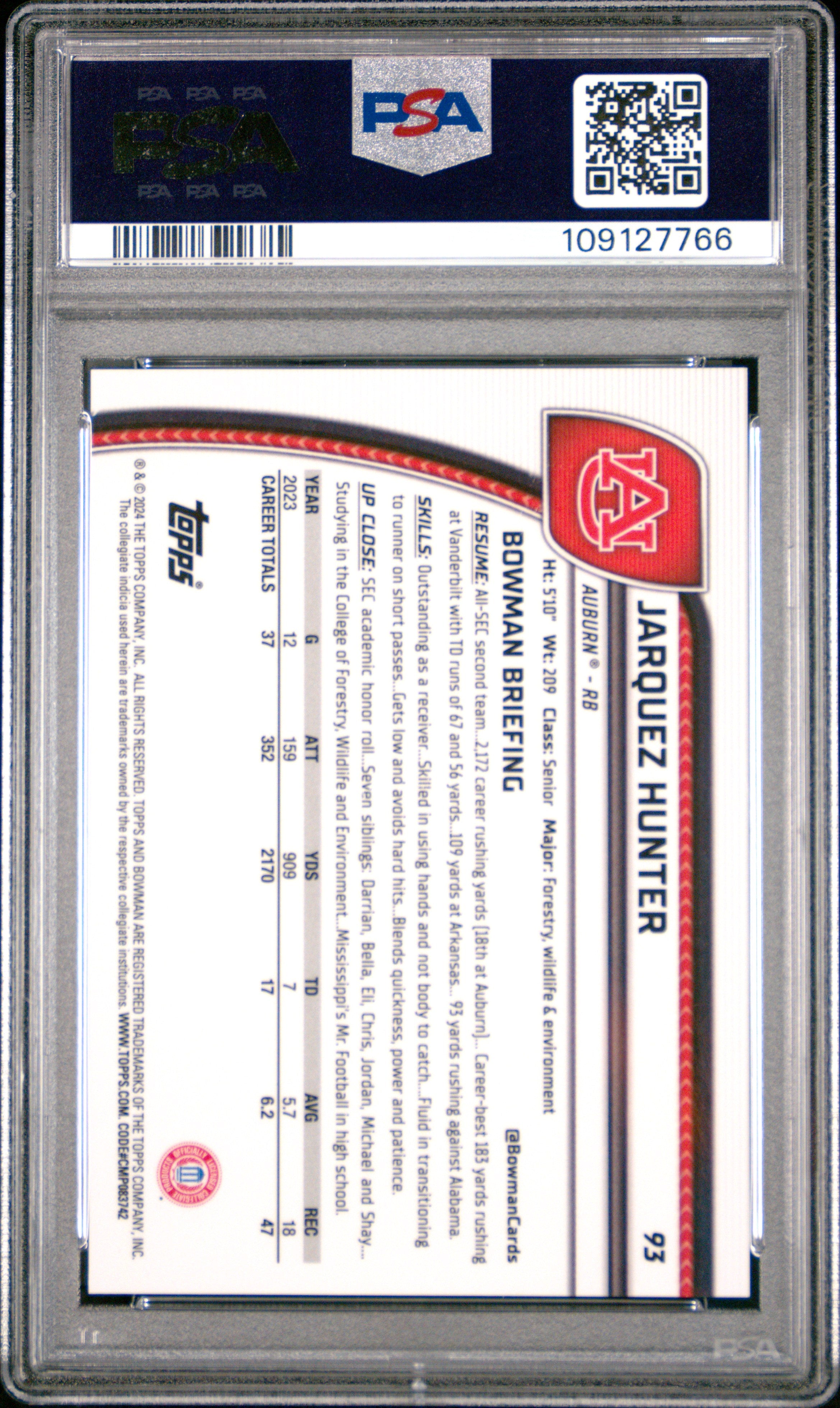 2024 Bowman University Chrome Sapphire Jarquez Hunter Black Refractor #93 PSA 9