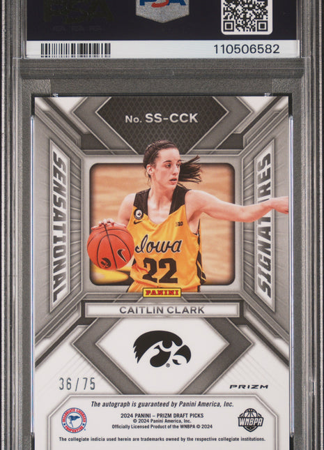 2024 Panini Prizm Draft Picks Sensational Caitlin Clark Blue Ice /75 Auto PSA 10
