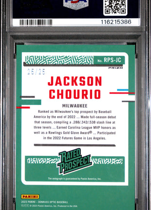 2023 Panini Donruss Optic Rated Prospect Signatures Jackson Chourio RP Lime Green #RPSJC PSA 9