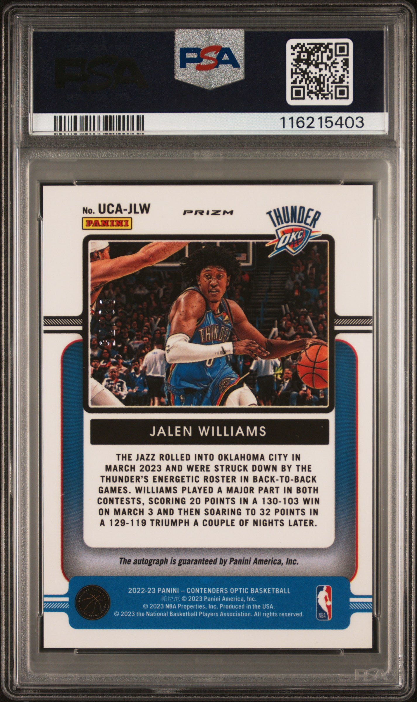 2022 Panini Contenders Optic Up And Coming Autographs Jalen Williams Blue #UCAJLW PSA 9