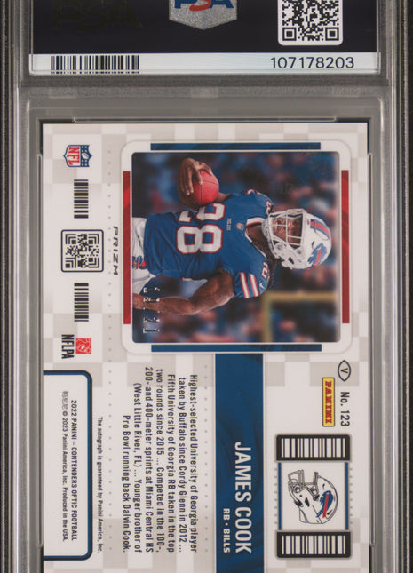 2022 Panini Contenders Optic James Cook Var Auto Purple Pulsar #123 PSA 10