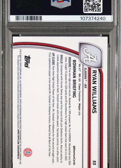 2024 Bowman University Chrome Ryan Williams #53 PSA 10