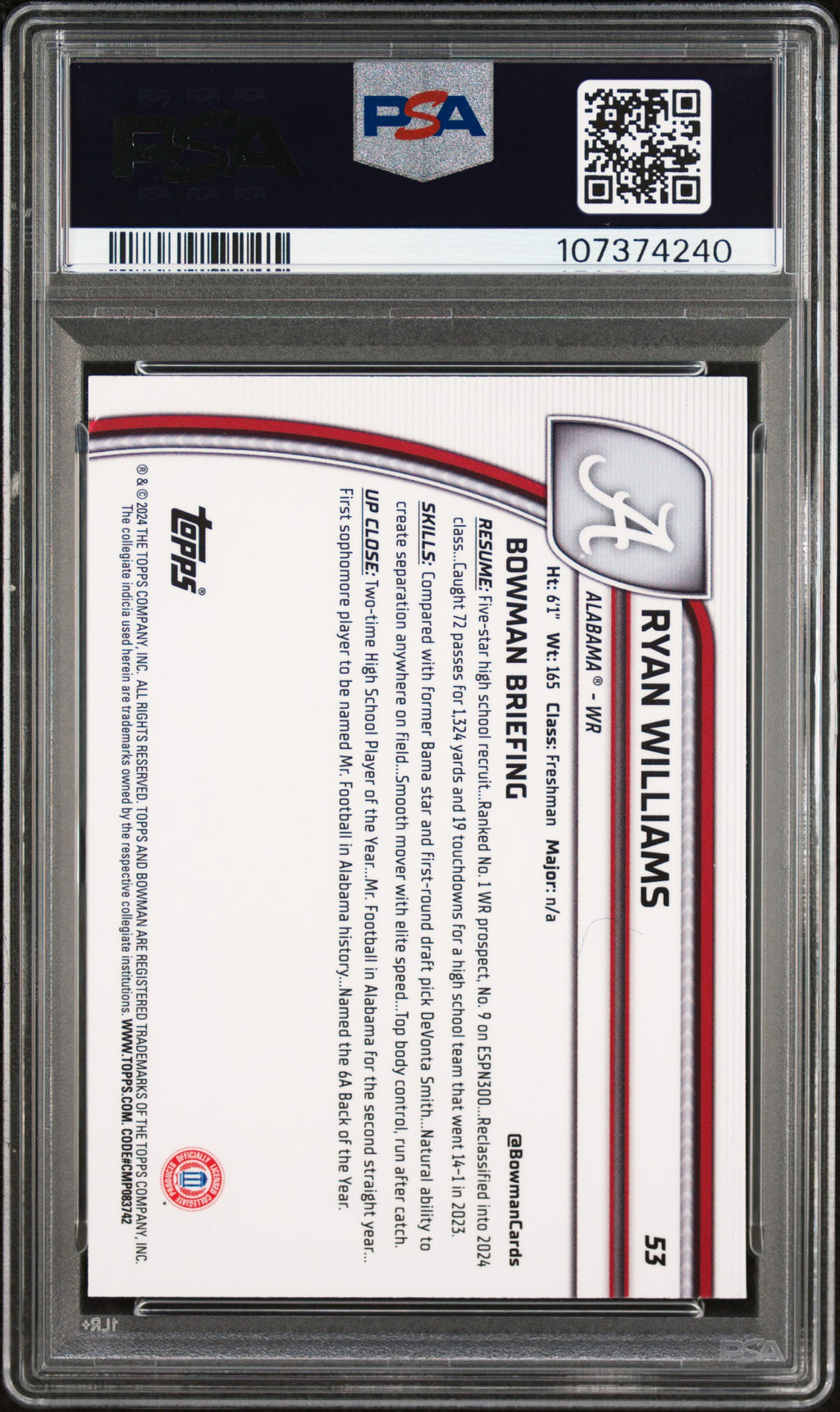 2024 Bowman University Chrome Ryan Williams #53 PSA 10