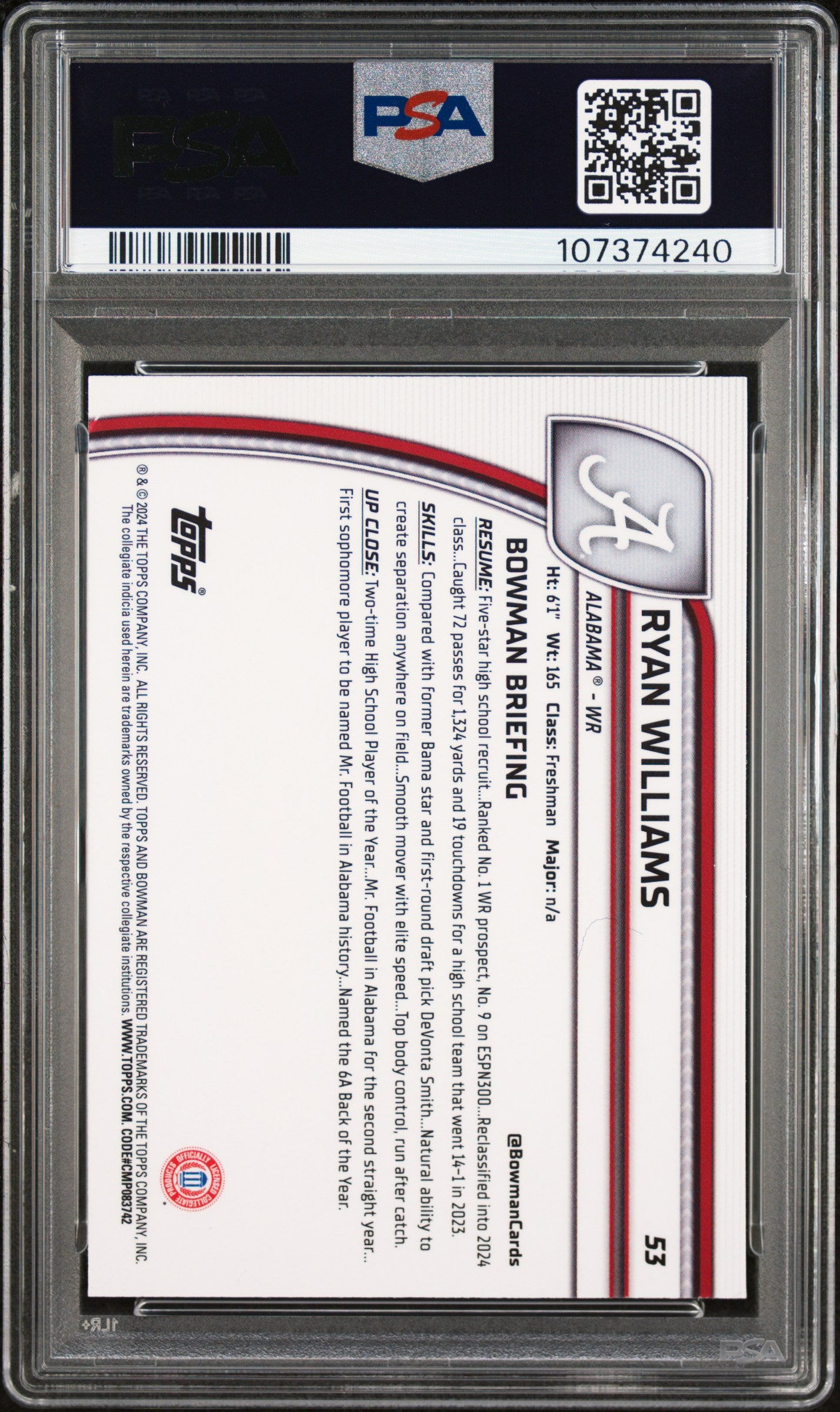 2024 Bowman University Chrome Ryan Williams #53 PSA 10