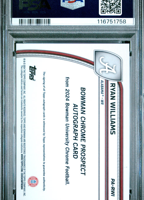 2024 Bowman University Chrome Bowman Chrome Prospect Autographs Ryan Williams Gold Ref #PARWI PSA 9