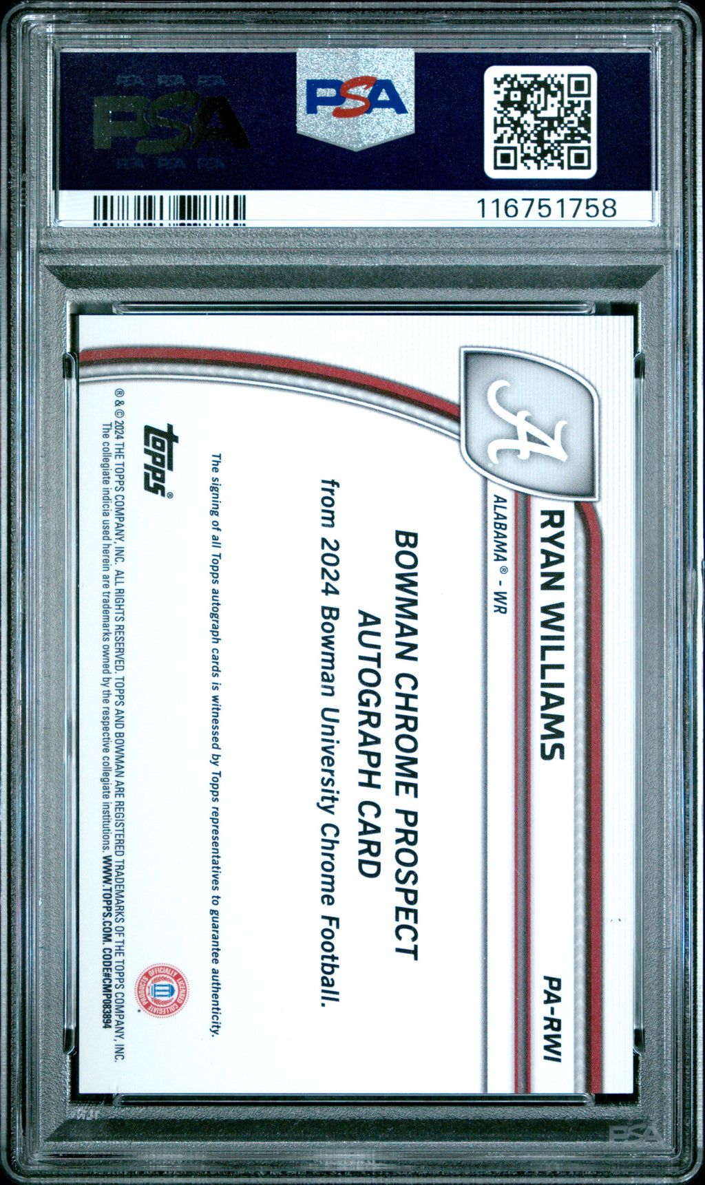 2024 Bowman University Chrome Bowman Chrome Prospect Autographs Ryan Williams Gold Ref #PARWI PSA 9