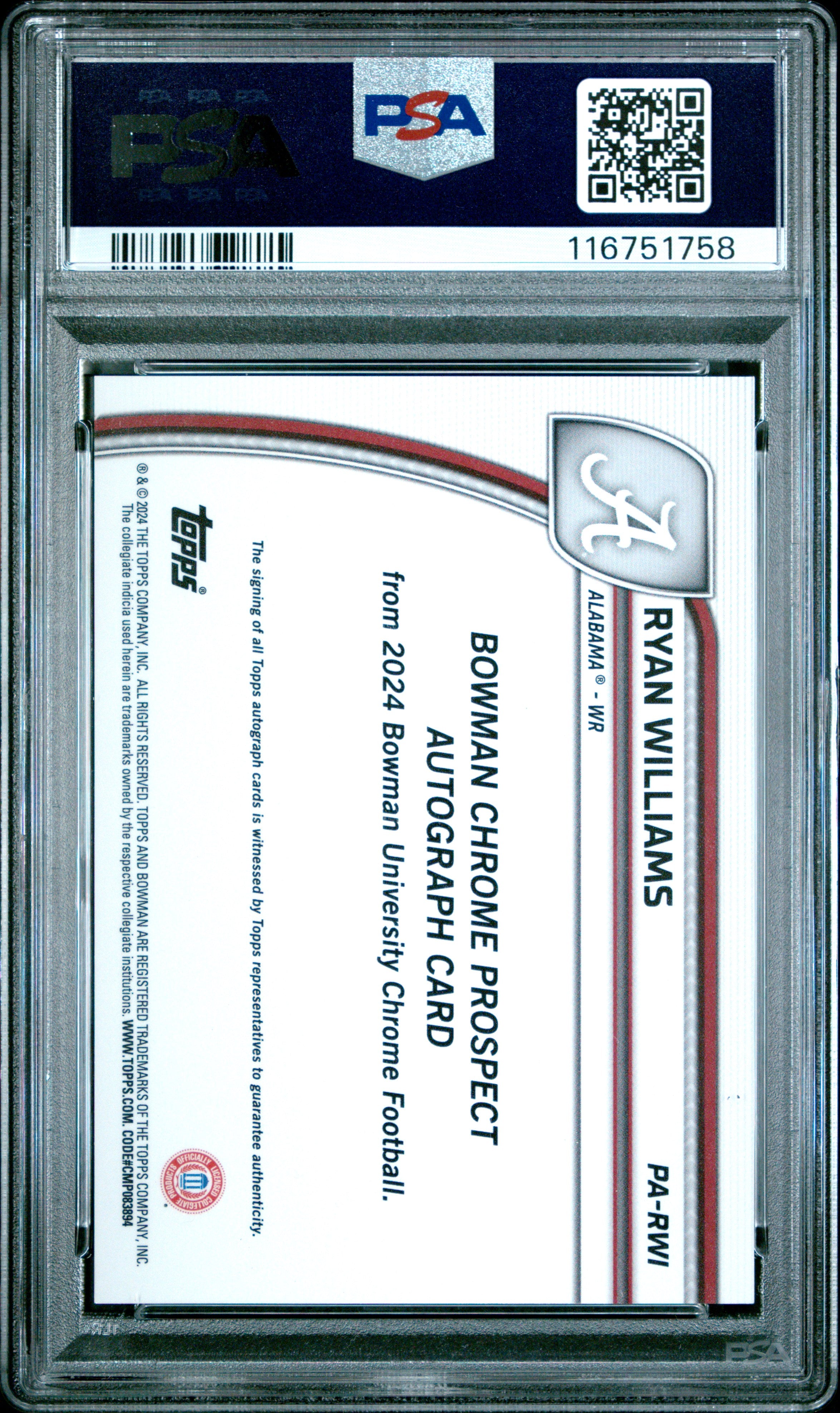 2024 Bowman University Chrome Bowman Chrome Prospect Autographs Ryan Williams Gold Ref #PARWI PSA 9