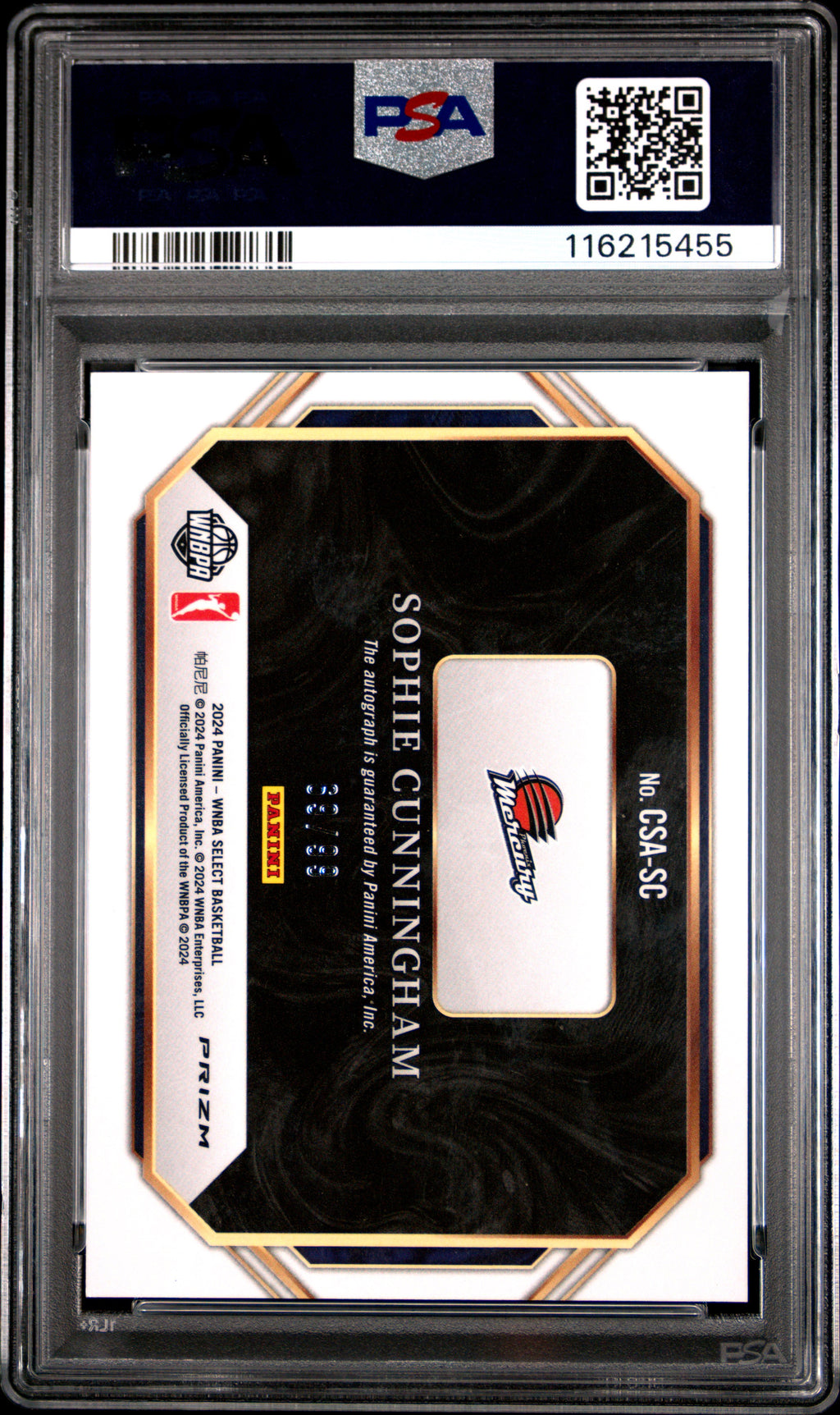 2024 Panini Select WNBA Courtside Action Signatures Sophie Cunningham Crtsd Red Prizm #CSASC PSA 9