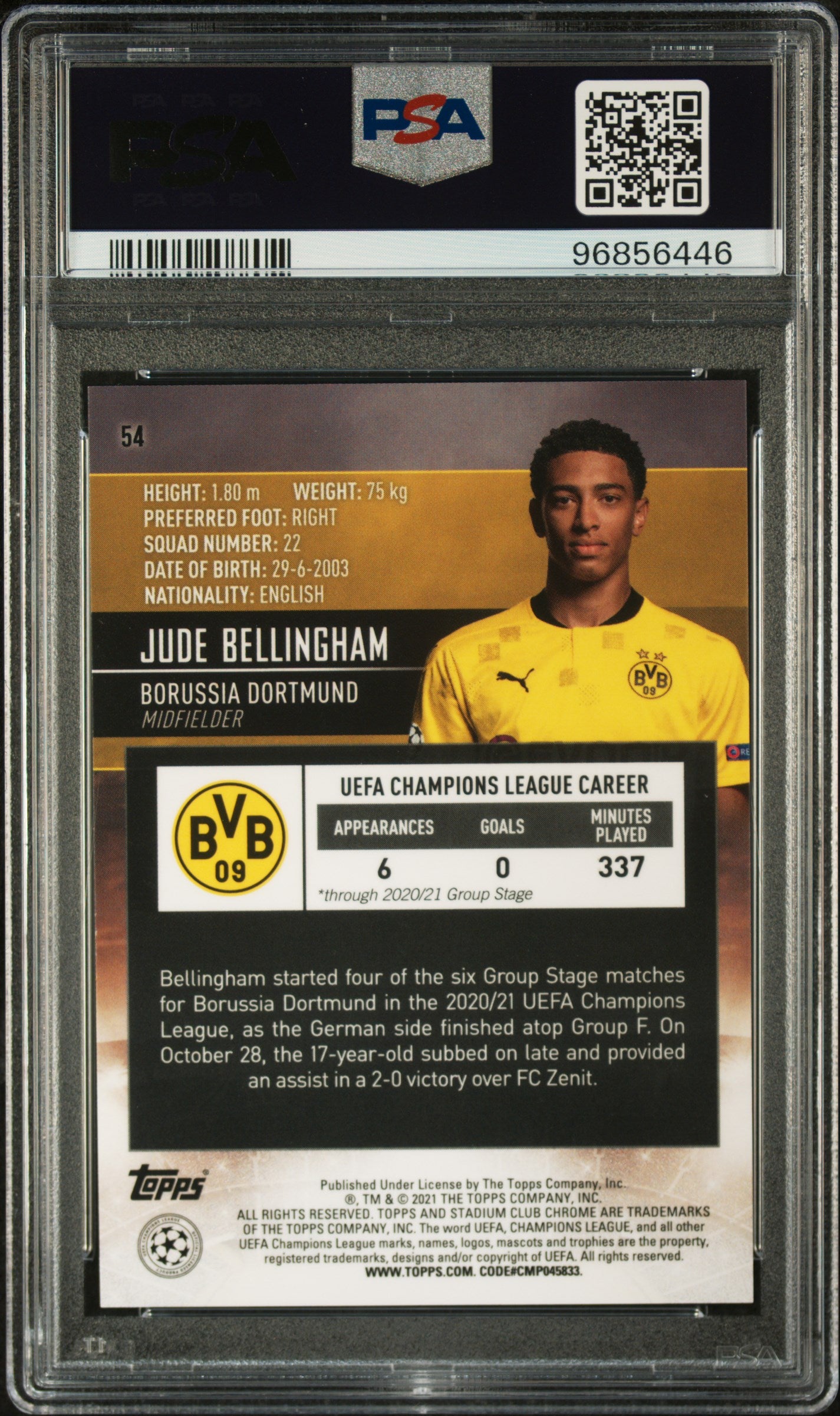 2020 Stadium Club Chrome UEFA Champions League Jude Bellingham #54 PSA 10