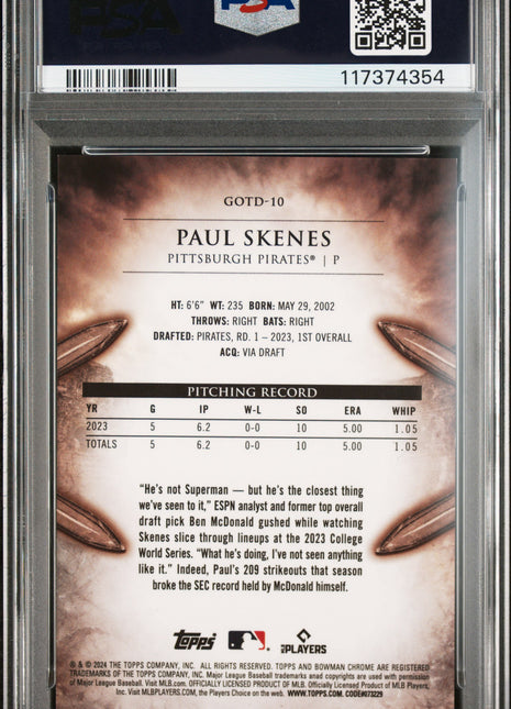 2024 Bowman Gladiators Of The Diamond Paul Skenes #GOTD10 PSA 9