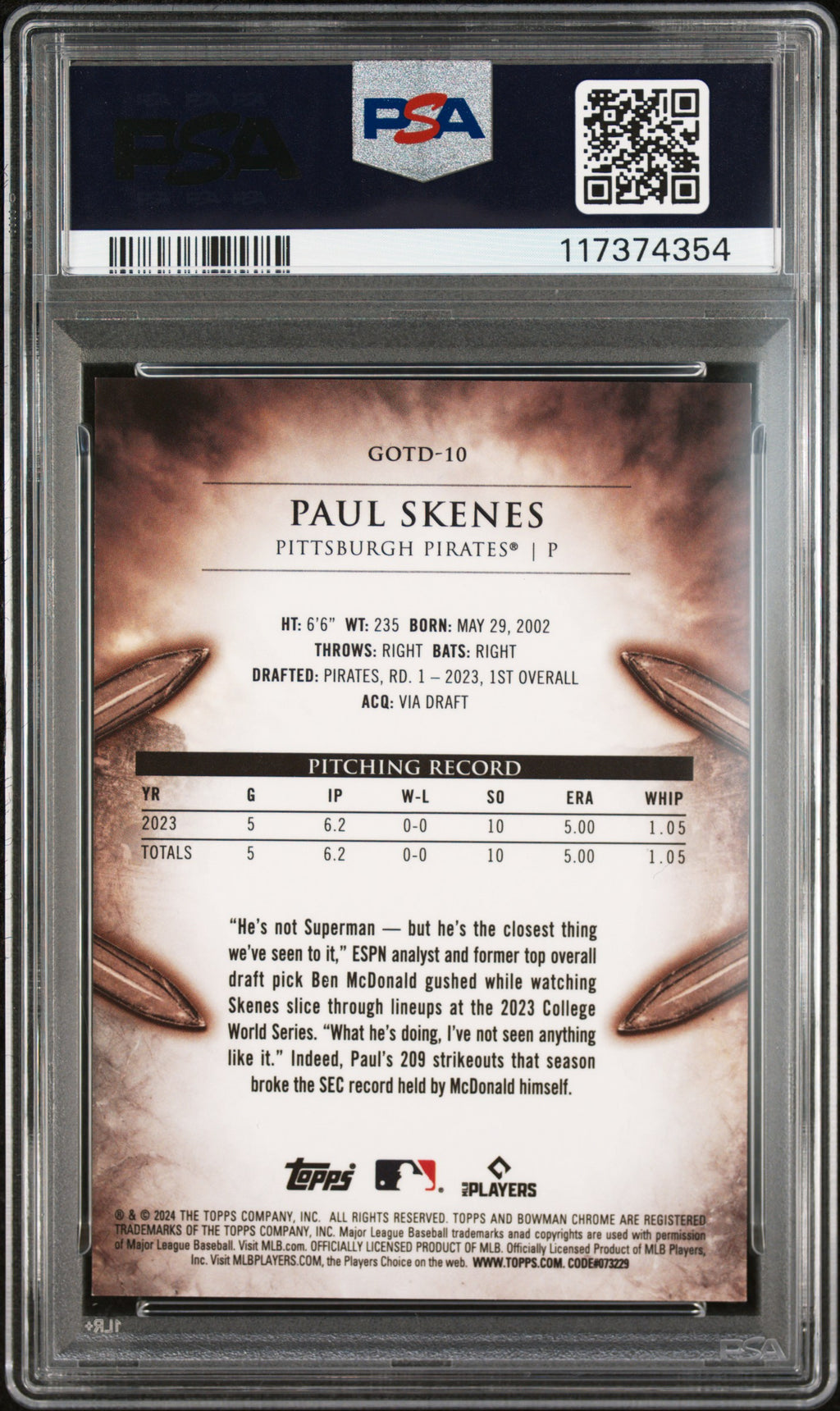 2024 Bowman Gladiators Of The Diamond Paul Skenes #GOTD10 PSA 9