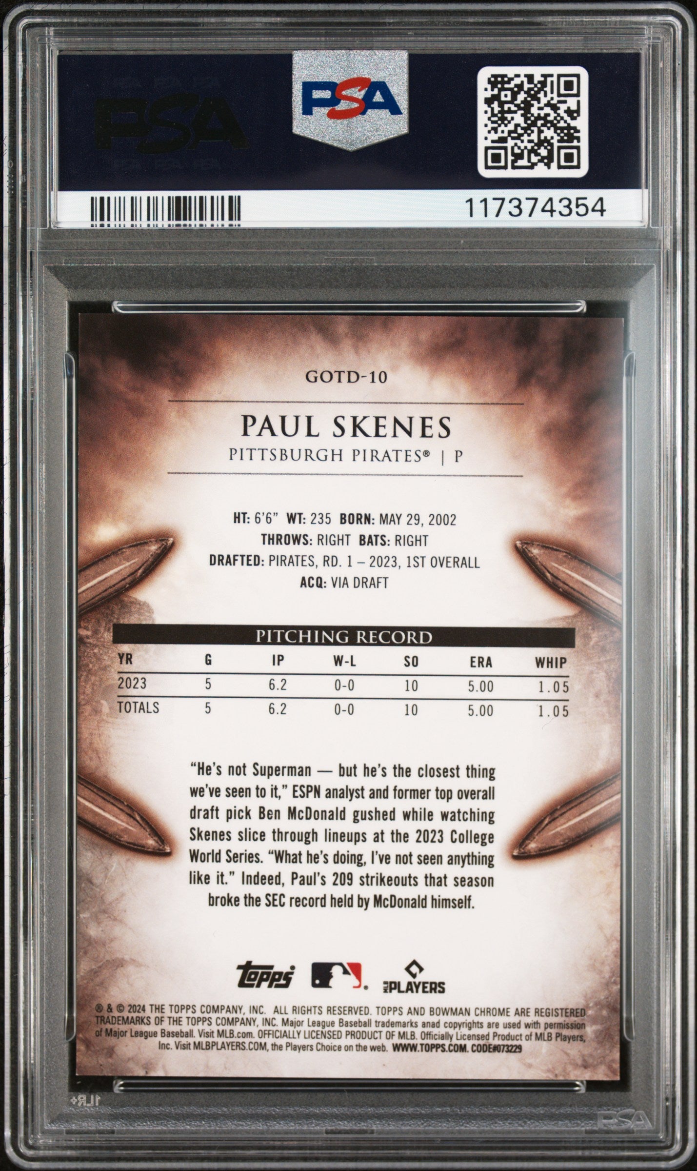 2024 Bowman Gladiators Of The Diamond Paul Skenes #GOTD10 PSA 9