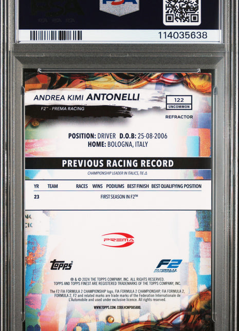 2024 Topps Finest Formula 1 Andrea Kimi Antonelli Refractor #122 PSA 10