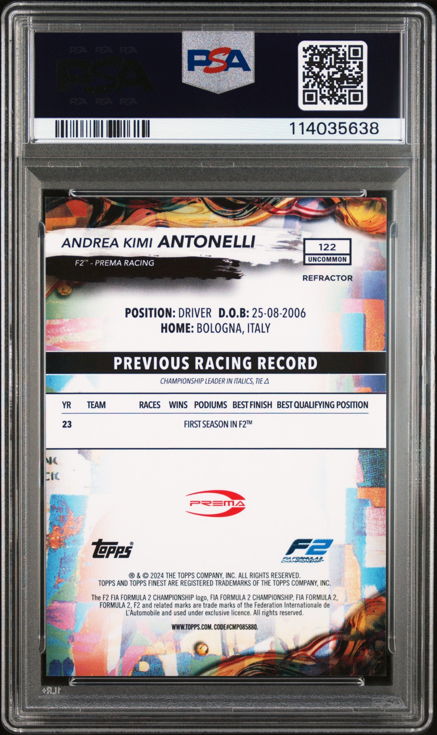2024 Topps Finest Formula 1 Andrea Kimi Antonelli Refractor #122 PSA 10
