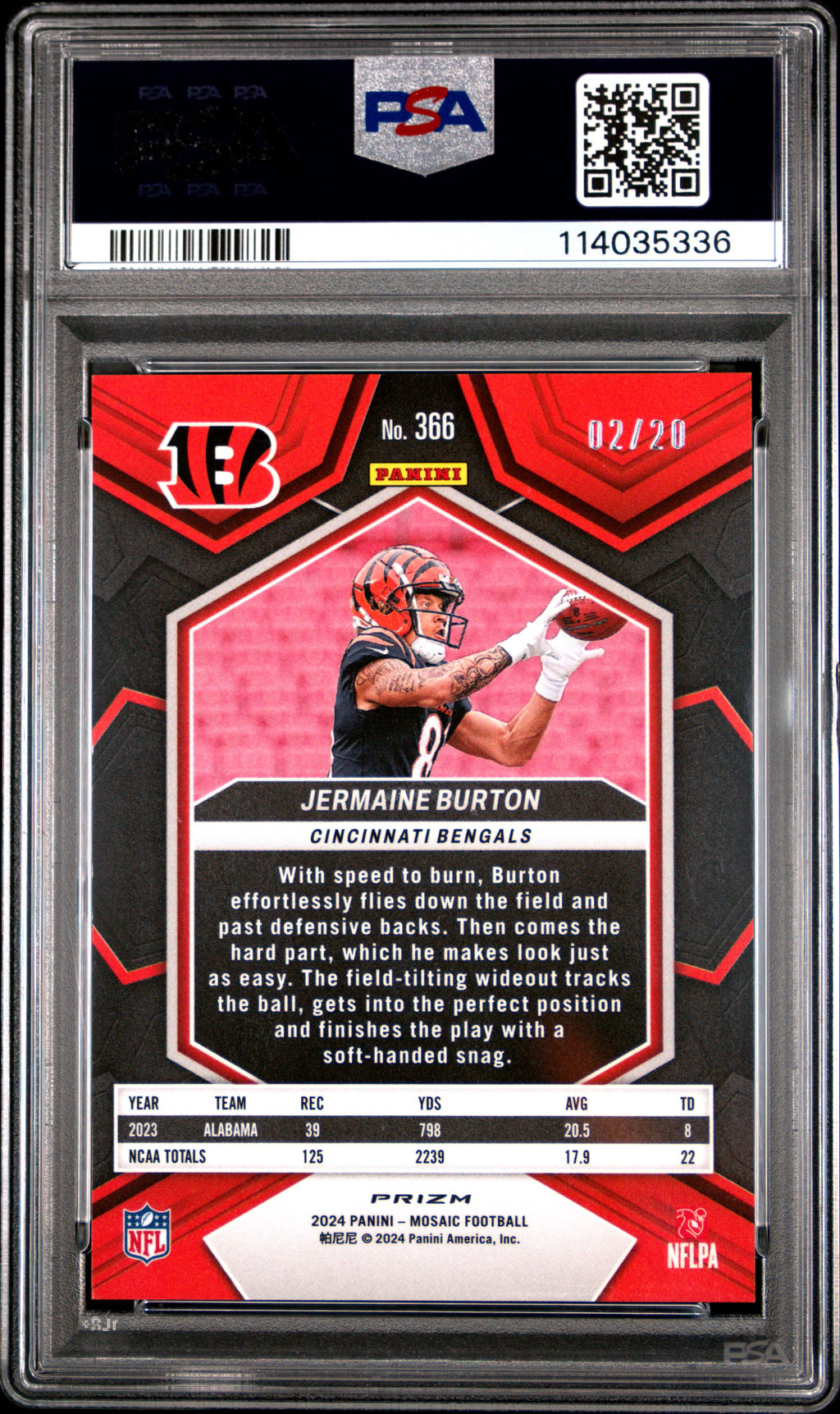 2024 Panini Mosaic Jermaine Burton Pink No Huddle #366 PSA 9