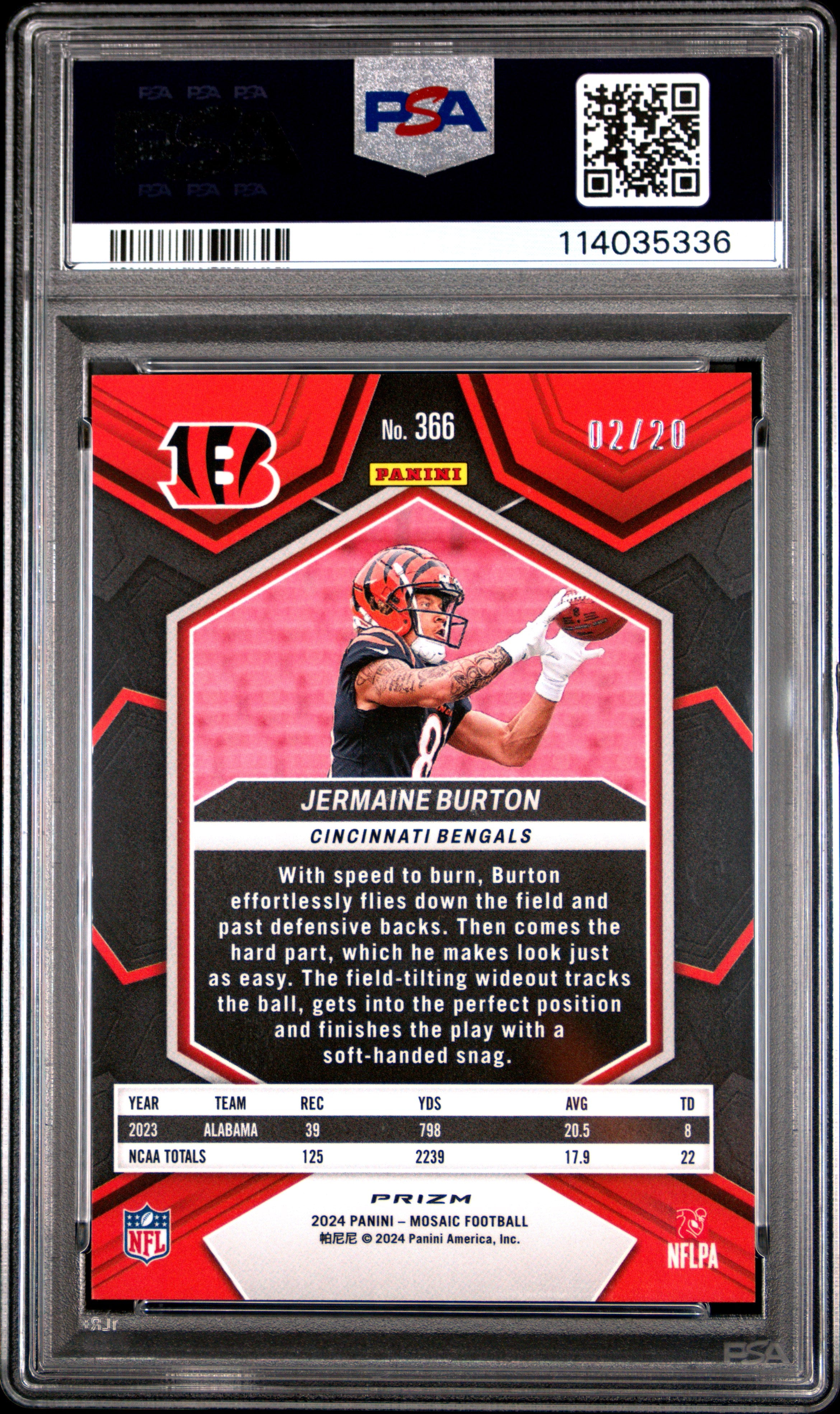 2024 Panini Mosaic Jermaine Burton Pink No Huddle #366 PSA 9